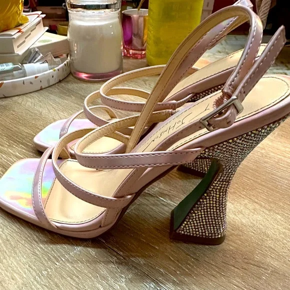 BETSEY JOHNSON Pink Pacey Heels US 7 Strappy Heel Crystal Embellished 90s RARE - Picture 2 of 11